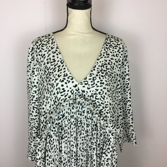 ASOS Shift Dress Sz 14 Womans White Black Animal Print V-Neck Ruffle Long Sleeve - Picture 12 of 13
